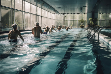 shot of a group of people working out on treadmills at the poolの素材