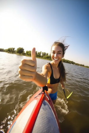 portrait of a young woman showing thumbs up while windsurfingの素材