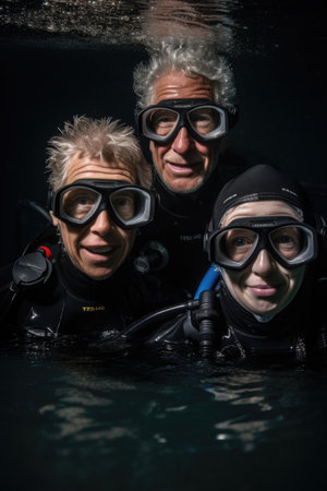 portrait of two people diving together with their instructorの素材