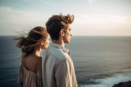 shot of a young couple looking out over the oceanの素材