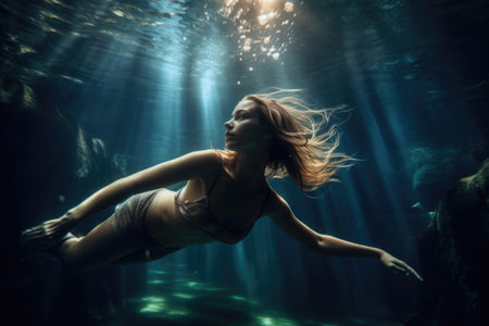 shot of a young woman diving underwaterの素材