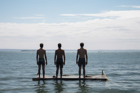 three young men about to dive into the oceanの素材