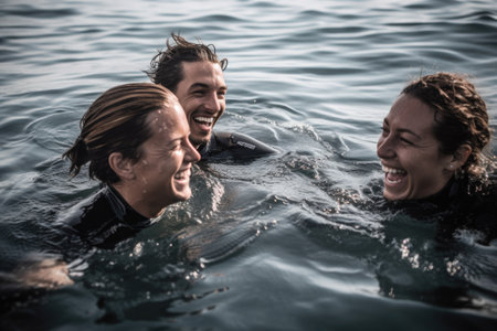 three friends diving in the ocean with their instructor and laughingの素材