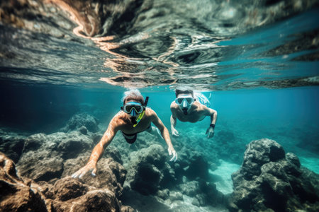 shot of a young couple taking selfies while snorkelingの素材