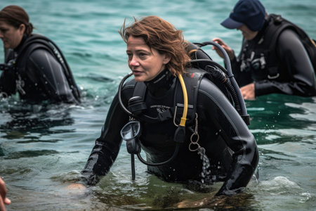 closeup of a female instructor leading clients into the sea for scuba divingの素材