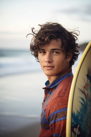 shot of a young man holding his surf board with the ocean in the backgroundの素材