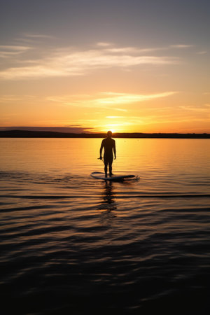 shot of a man standing on his surfboard in the water at sunsetの素材