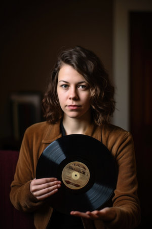 portrait of a young woman holding up an old recordの素材