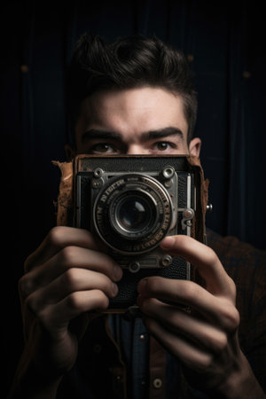 portrait of a young man holding up a vintage camera in front of his faceの素材