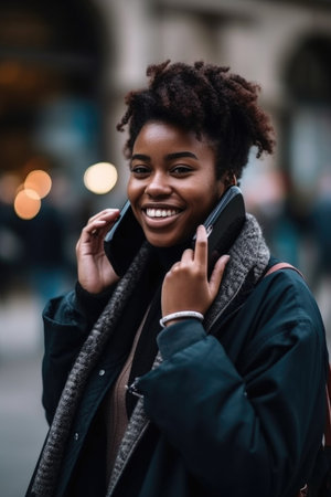 black woman, phone call and smile while communication with stranger in city streetの素材