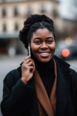 black woman, phone call and smile while communication with stranger in city streetの素材