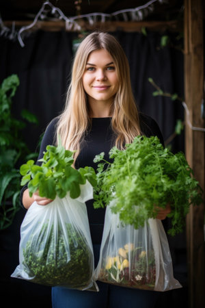 young woman holding plastic bags of plantsの素材