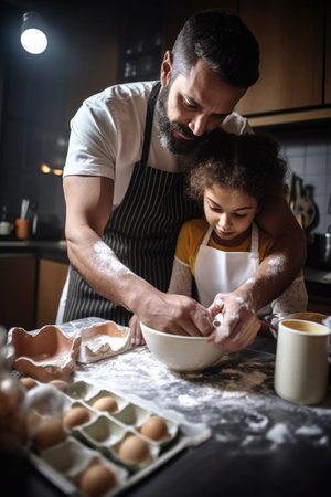 shot of a man and his daughter baking together in their kitchenの素材