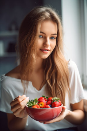 cropped shot of an attractive young woman eating a bowl of fresh strawberries at homeの素材