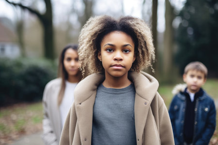 shot of a young girl standing outside with her familyの素材
