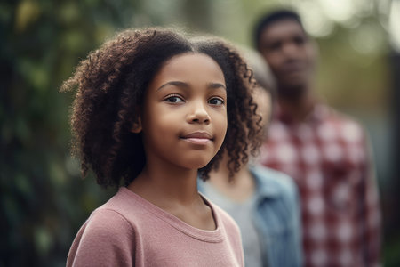 shot of a young girl standing outside with her familyの素材
