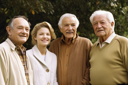 portrait of a happy family standing outside with their grandparents looking onの素材