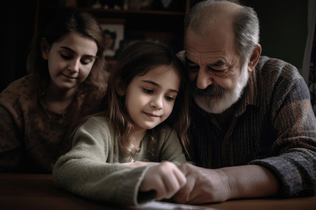 a little girl using a digital tablet with her parentsの素材