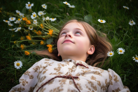 a young girl lying on the grass with a bunch of flowers in her hand while looking upwardの素材