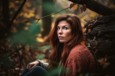 a beautiful woman relaxing in the woodsの素材