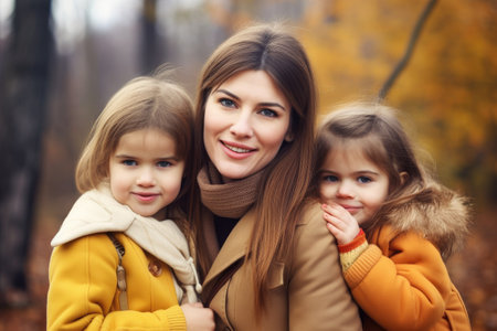 portrait of a happy mother carrying her two daughters outdoorsの素材