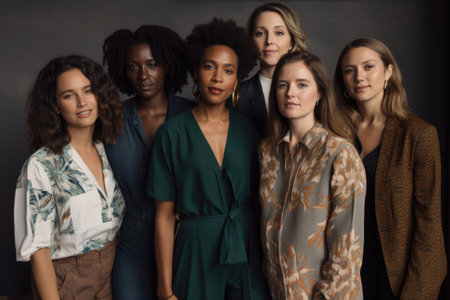 group of women, each wearing different ethical fashion brand, posing in group shotの素材