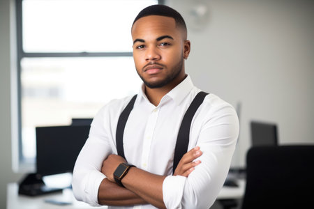 a young man standing with his arms crossed in an office at workの素材