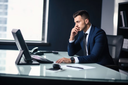 a young businessman sitting at his desk talking on the phoneの素材