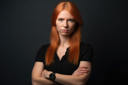 an attractive young woman standing with her arms crossed while looking at the cameraの素材