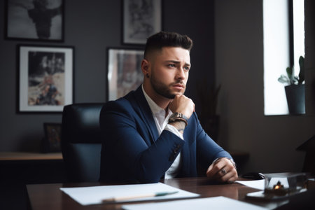 a handsome young man working in a modern officeの素材
