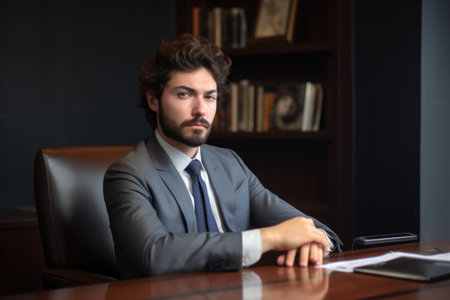a handsome young businessman sitting in his officeの素材