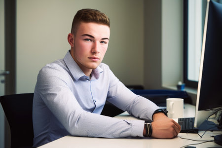 a handsome young man sitting in an office and working on his computerの素材