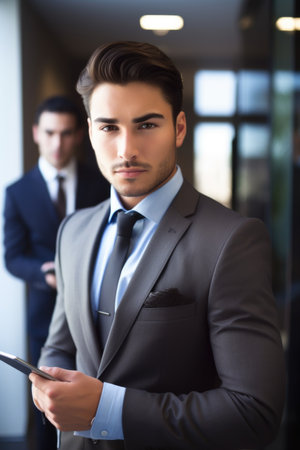 a handsome young businessman using his tablet with a colleague in the backgroundの素材