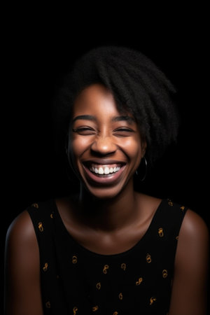 black woman, portrait and mockup with a smile by happy or face emoji on black backgroundの素材