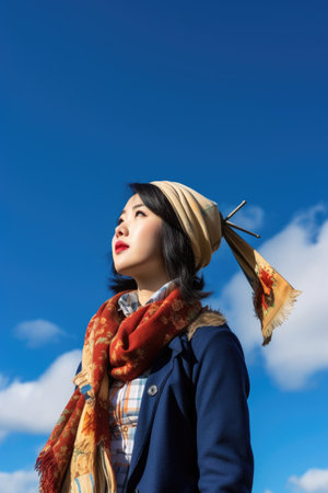 a young woman wearing a scarf and holding an umbrella against a blue skyの素材