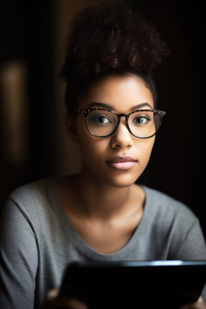 portrait of an attractive young woman wearing glasses and using a digital tabletの素材