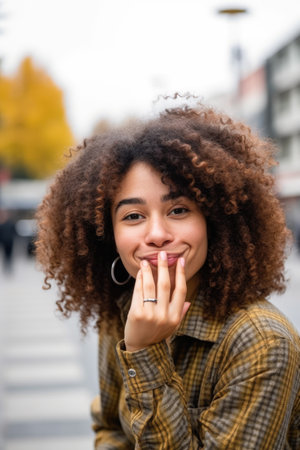 young happy mixed race woman blowing a kiss and holding her natural curly afro in publicの素材