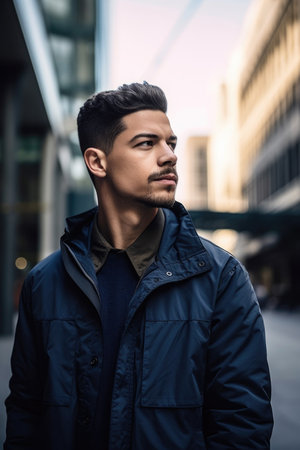 shot of a handsome young man standing outside in the cityの素材
