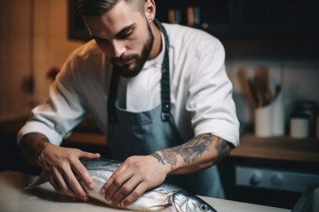portrait of a handsome young man making fish at homeの素材
