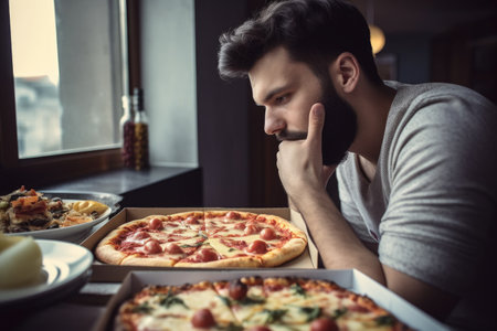 cropped shot of a man looking at his ordered pizzaの素材