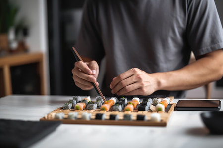 cropped shot of a man ordering sushi on his phoneの素材