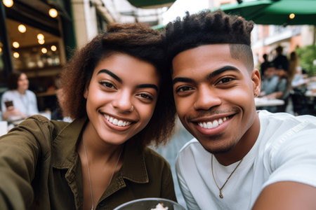 cropped shot of a young couple taking a selfie while out to eatの素材