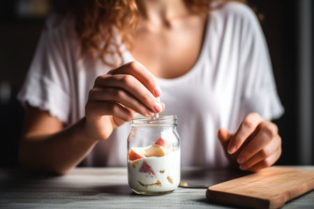 cropped shot of a young woman eating yogurt from a glass jar at homeの素材