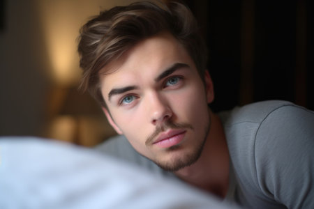 portrait of a relaxed young man lying on his bed in his bedroom at homeの素材