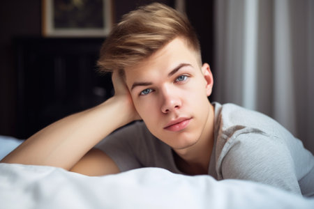 portrait of a relaxed young man lying on his bed in his bedroom at homeの素材