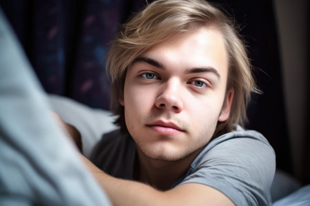 portrait of a relaxed young man lying on his bed in his bedroom at homeの素材