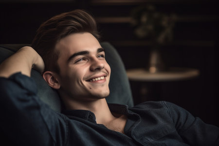 portrait of a happy young man relaxing on the couch at homeの素材