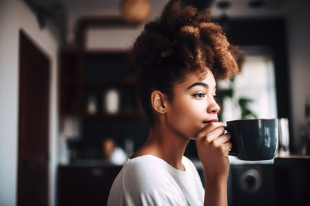 shot of a beautiful young woman enjoying a cup of coffee in her kitchenの素材
