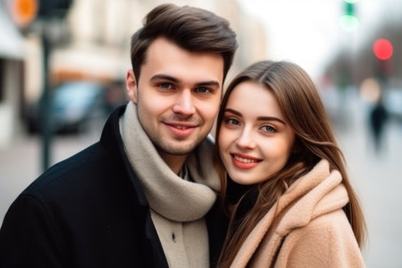 portrait of a happy young couple in the cityの素材