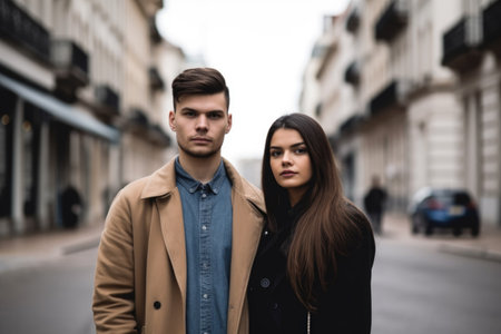 shot of a young couple standing on the streetの素材